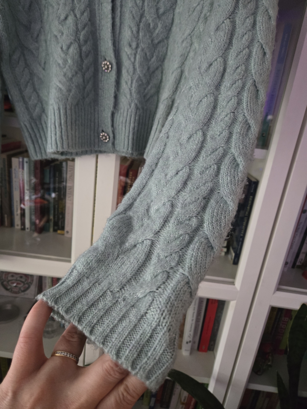 For Thee Light Mint Cable Knit V-Neck Cardigan Sweater with Rhinestone Buttons - Picture 4 of 8